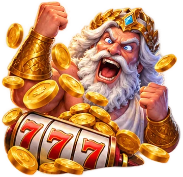 Rozgniewany Zeus nad automatem 777 i złotymi monetami
